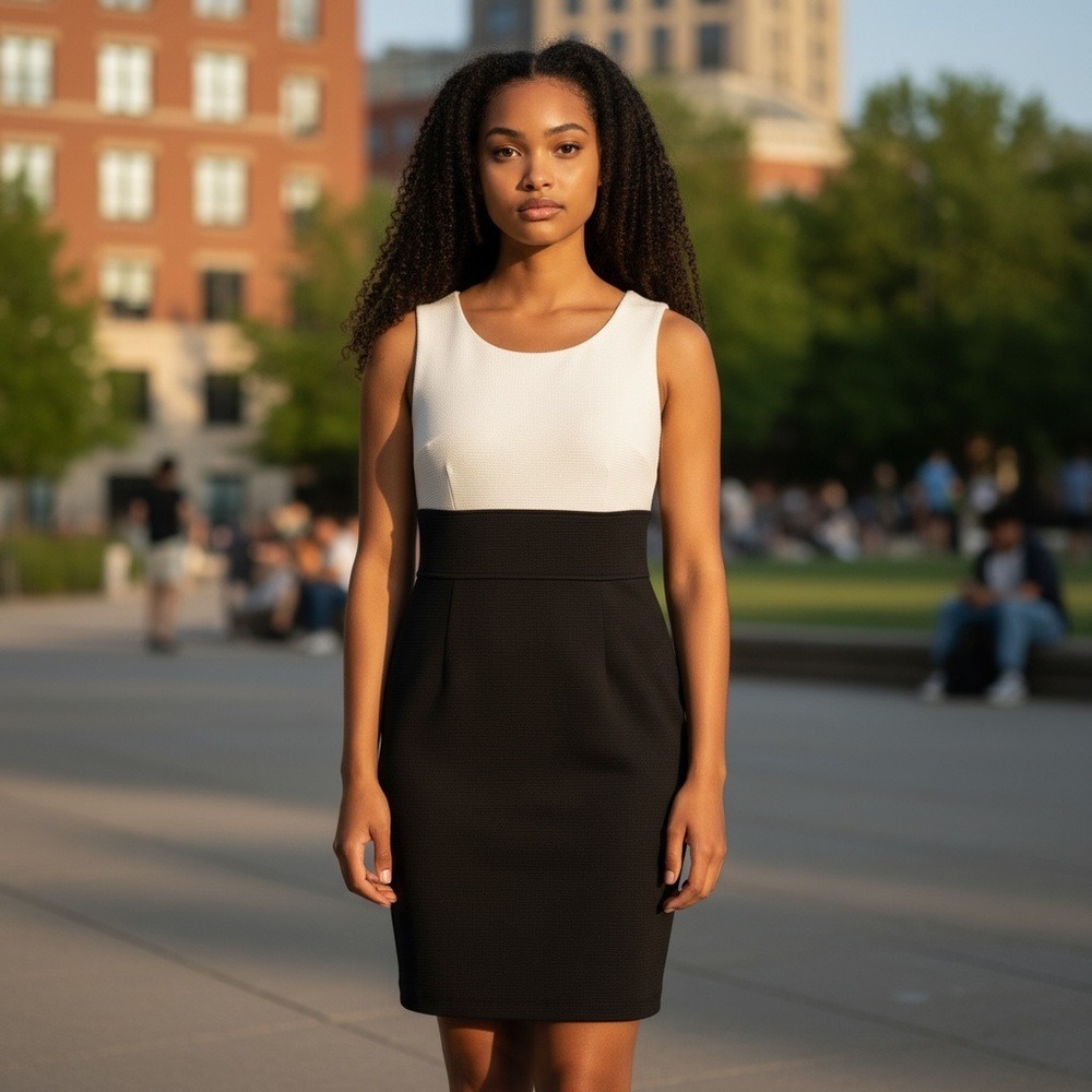 Classic Two-Tone Midi Sheath Dress in White and Black